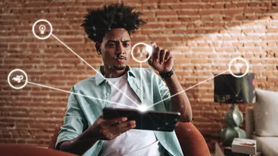 A illustrative photo of a man clicking an icon in the air coming from his digital tablet