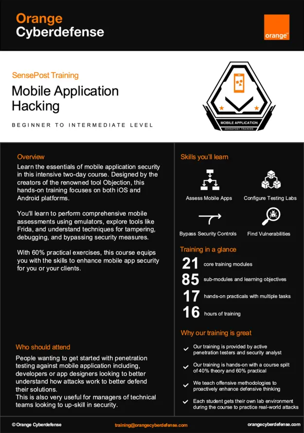 SensePost Training: A Journey Into Mobile Application Hacking - Brochure