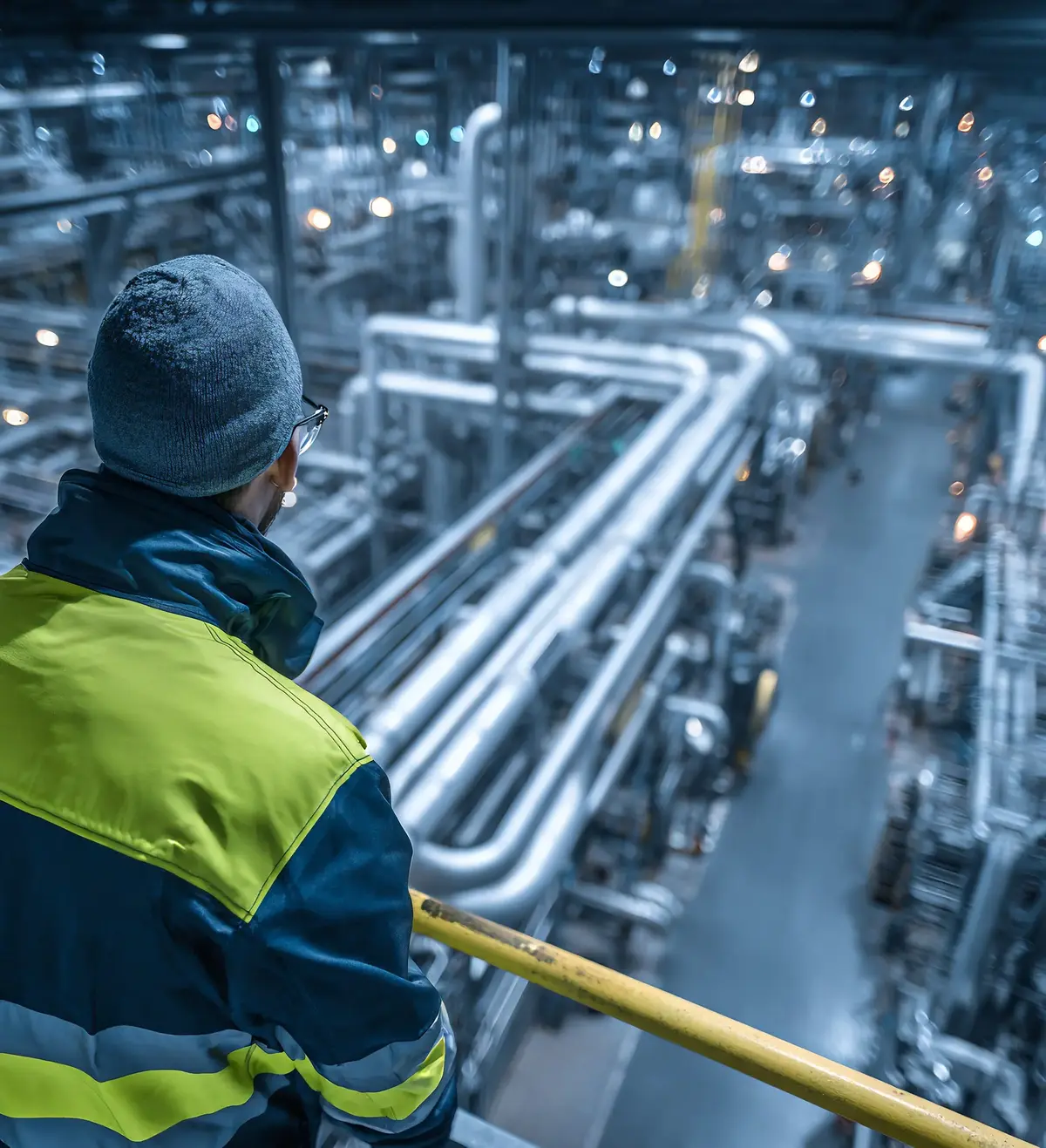 View from behind of an industrial worker in a blue and yellow safety jacket and beanie observing a complex network of silver metallic pipes from an elevated metal walkway