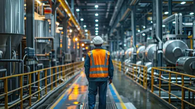 Mann mit SIcherheitskleidung läuft durch eine Industriehalle