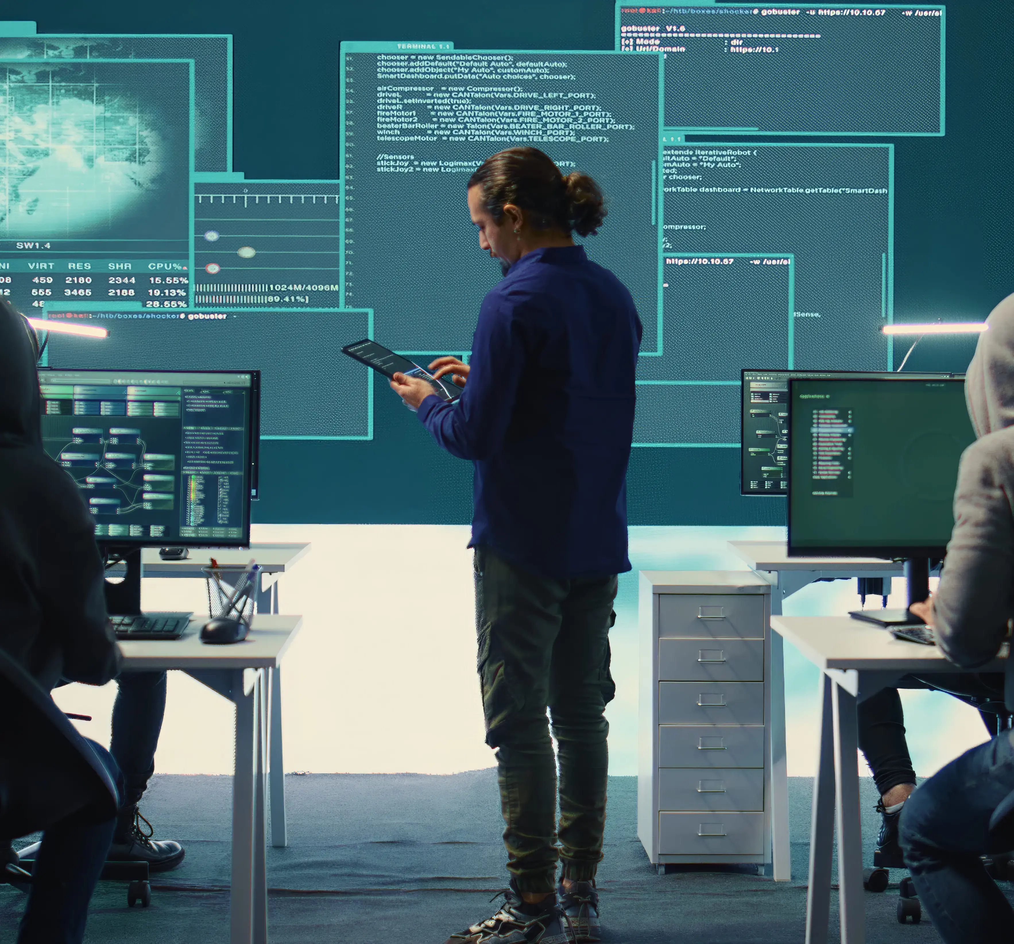 A cybersecurity operations center with professionals monitoring security dashboards and analyzing digital threats in real-time.