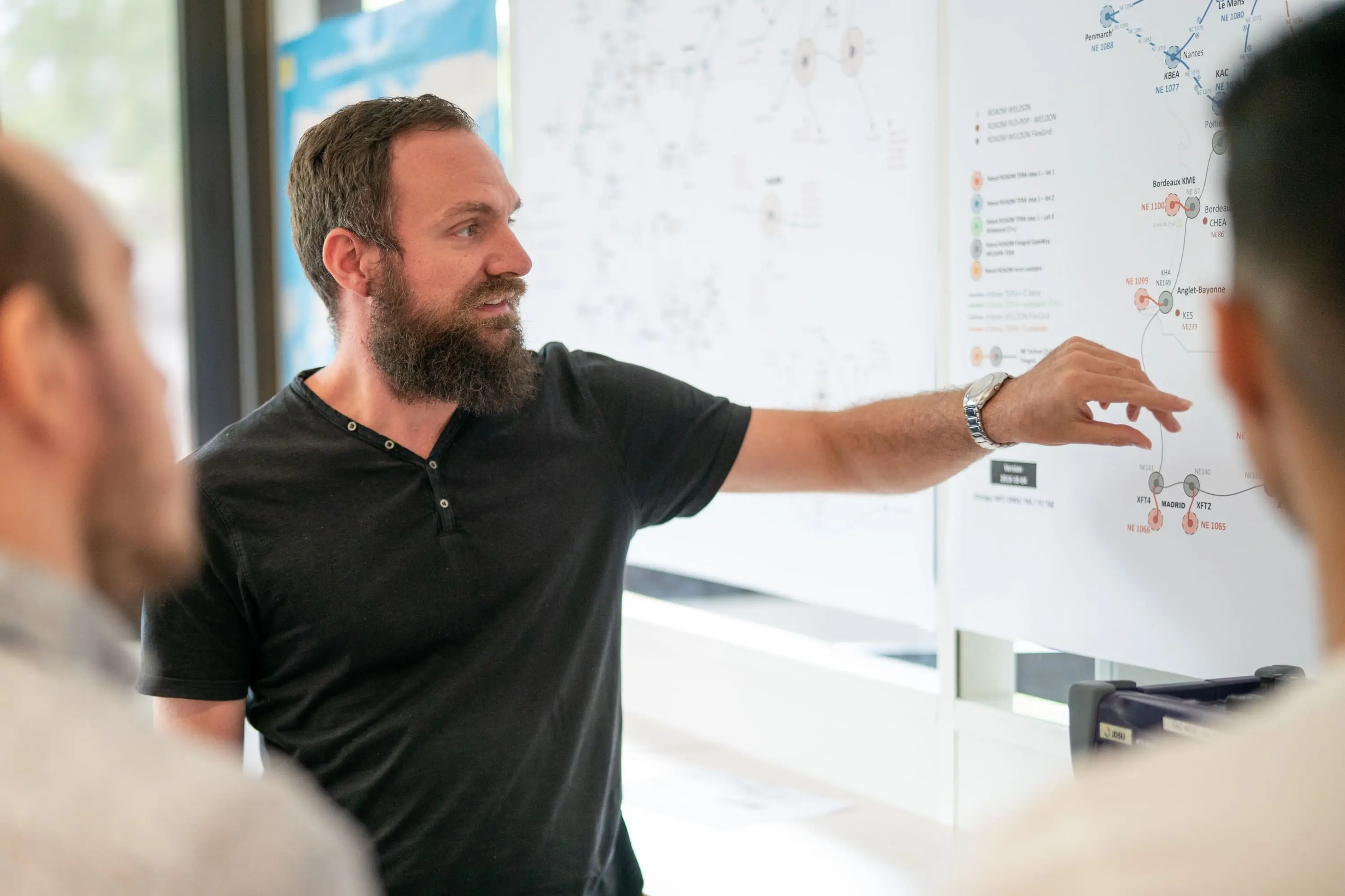 A  man giving a presentation to a group, pointing at a large diagram on a whiteboard, in a professional setting.