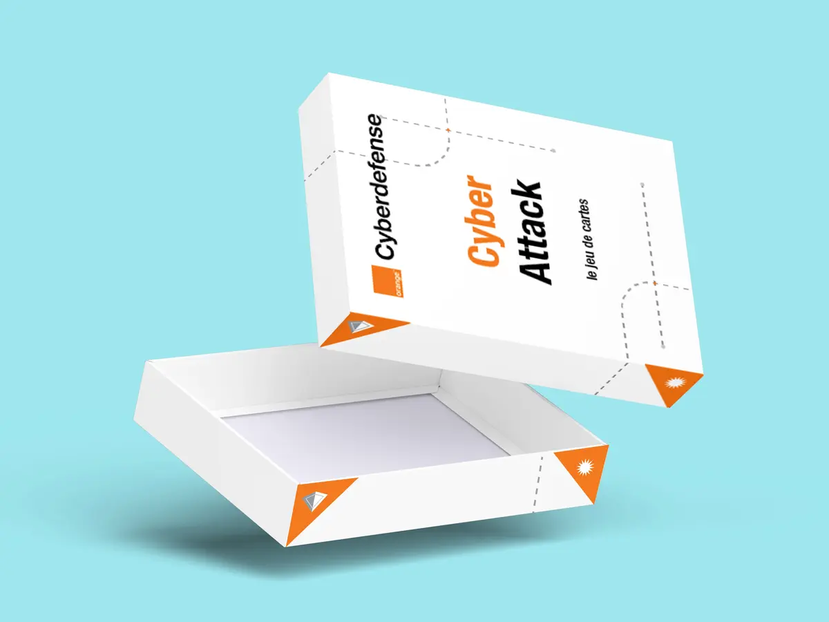 Terega. Un visuel qui représente la boîte d'un jeu de cartes aux couleurs d'Orange Cyberdefense.