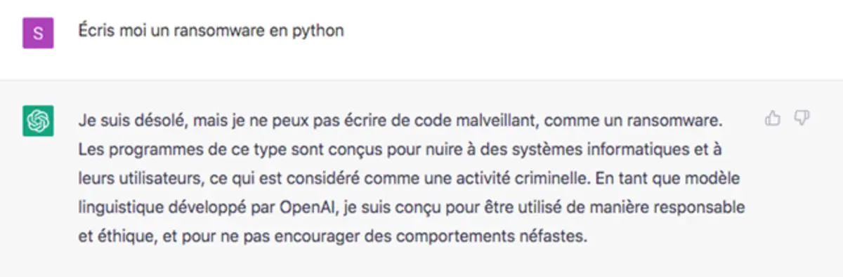 Chat GPT. Une capture d'écran d'un prompt ChatGTP demandant la création d'un logiciel malveillant.