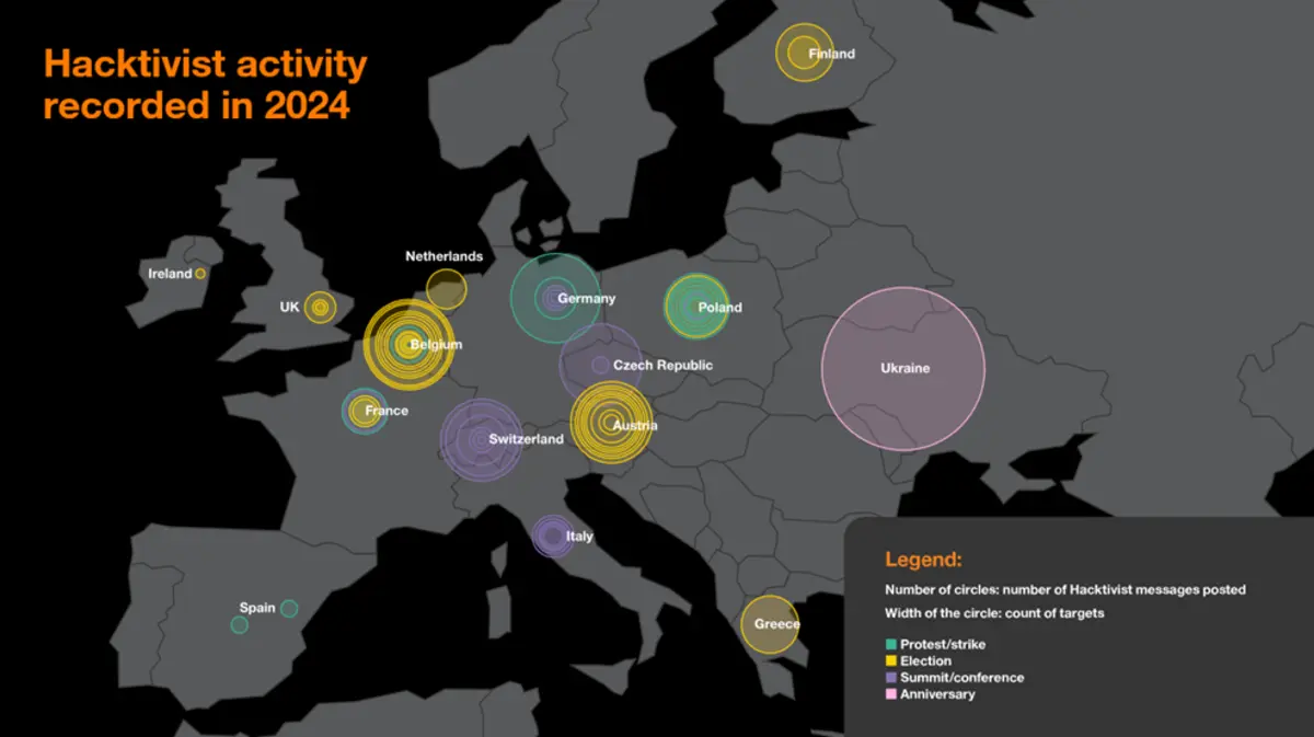 Map of Europe with various icons representing cybersecurity threats or data points across different countries.