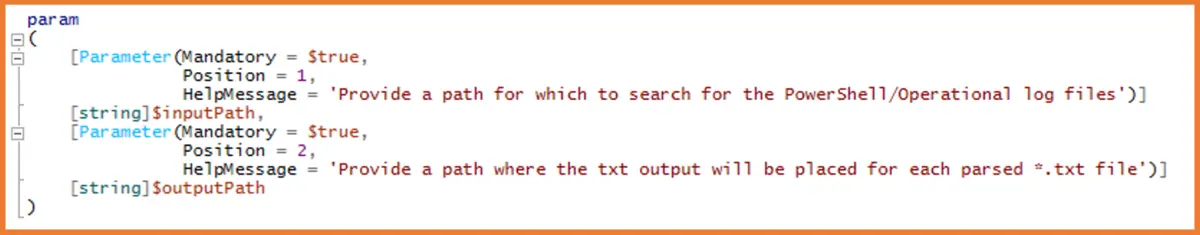 Screenshot of code: PowerShell ‘param’ used to allow for input and output paths