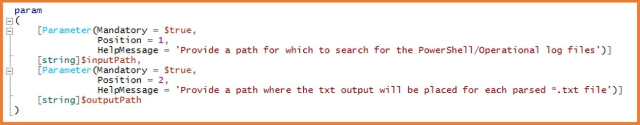 Screenshot of code: PowerShell ‘param’ used to allow for input and output paths