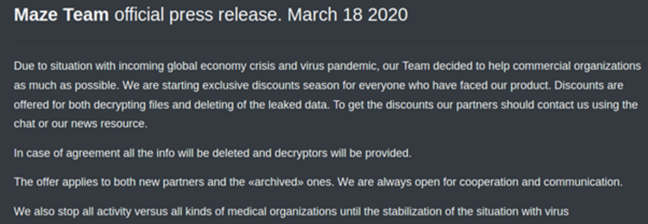 Maze, Press Release March 2020