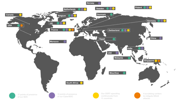 Map showing Orange Cyberdefense's global SOC, CyberSOC and CERT locations