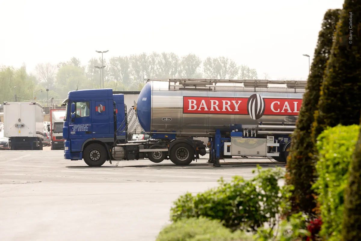 Truck with a "BASF" logo driving on a road with greenery on the roadside.