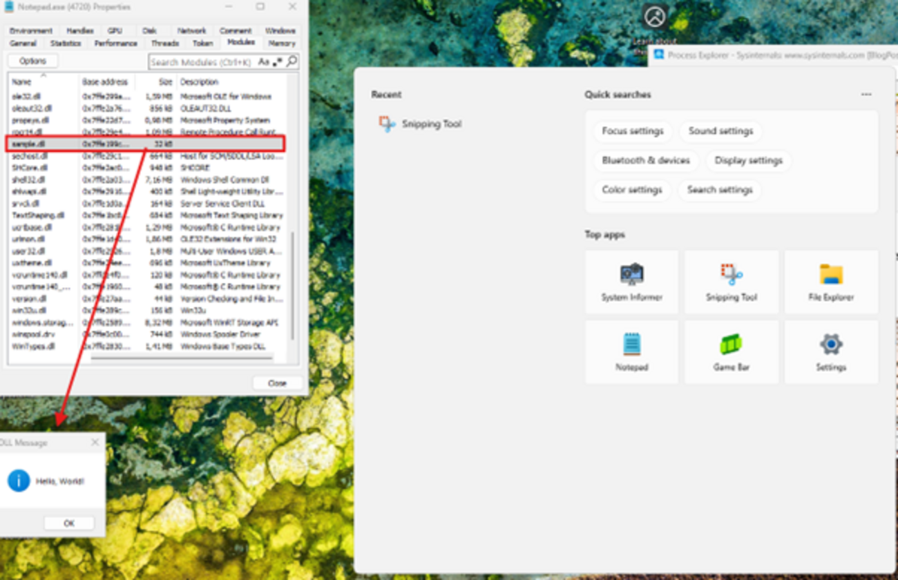 Injektion der „sample.dll“ in Notepad.exe