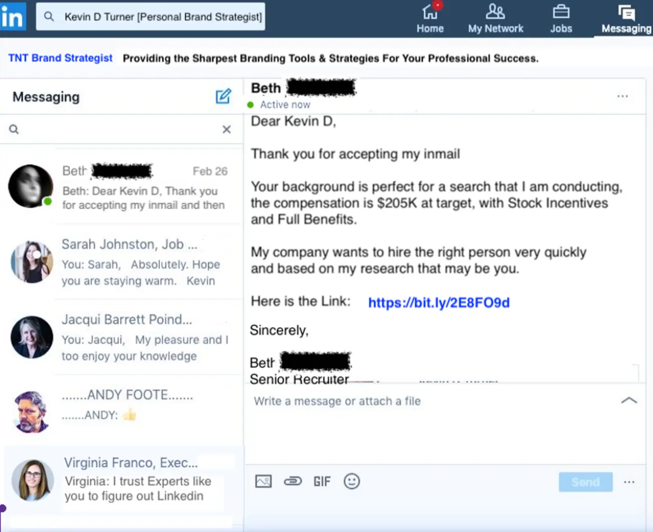example of a LinkedIn fraud message
