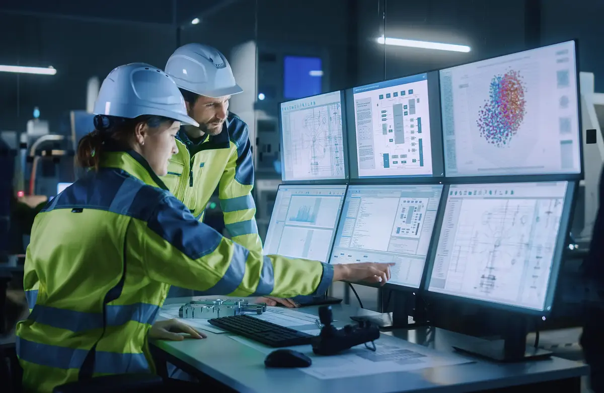 Industry 4.0 Modern Factory: Project Engineer Talks to Female Operator who Controls Facility Production Line, Uses Computer with Screens Showing AI, Machine Learning Enhanced Assembly Process