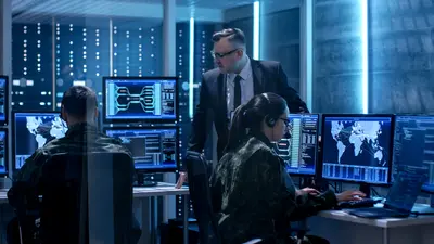 Cybersecurity situation room with experts at workstations
