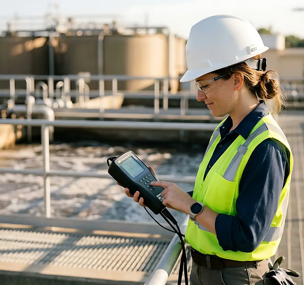 Environmental engineer inspecting industrial wastewater treatment facility with digital device under clear sky