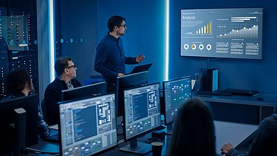 Deux hommes dans des bureaux de cyberdefense consultent des données à l'écran