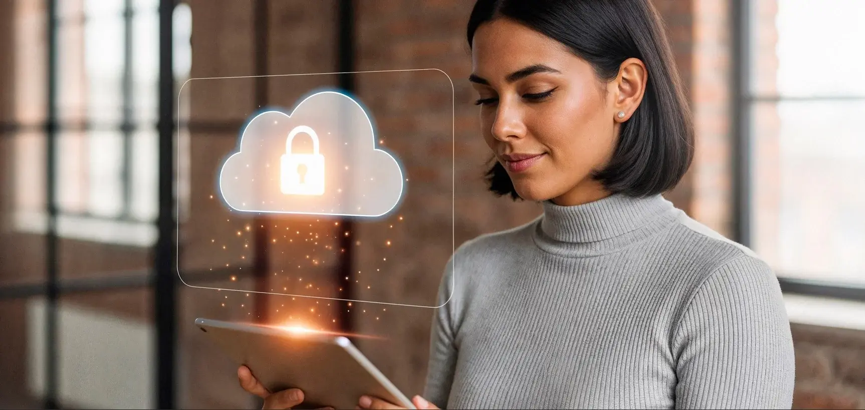 une femme lit une tablette qui projette un nuage sécurisé