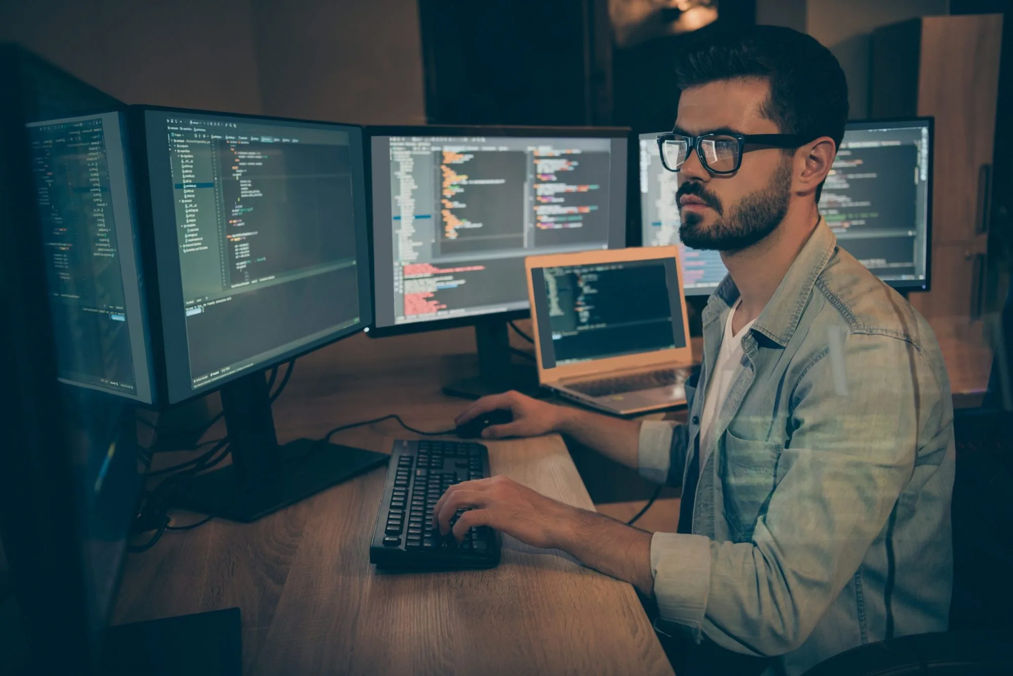 Analyst looking at information on several screens