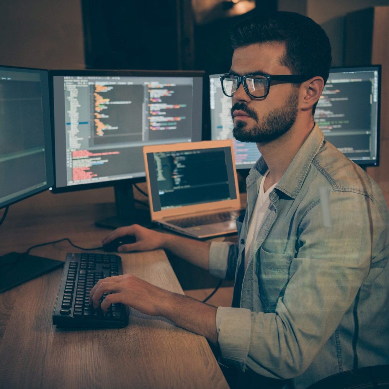 Analyst looking at information on several screens