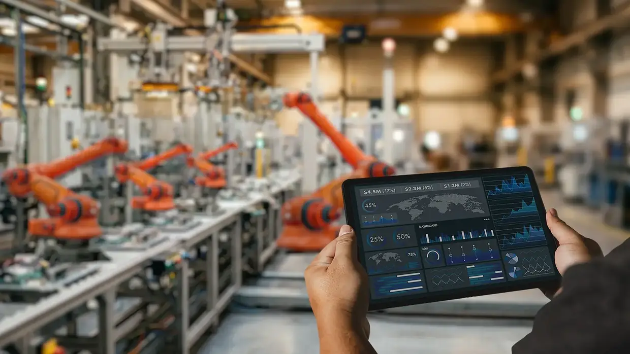 Auf einem Tablet ist ein Dashboard zur Überwachung der industriellen Produktion.