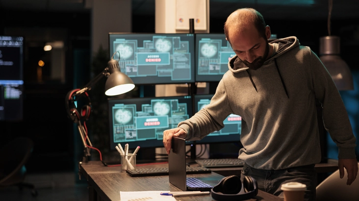 Dark industrial desk with multiple screens and mysterious man with a gray hoodie closing laptop
