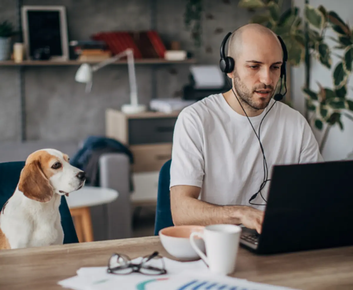 Man with headphones working from home with his dog by his side