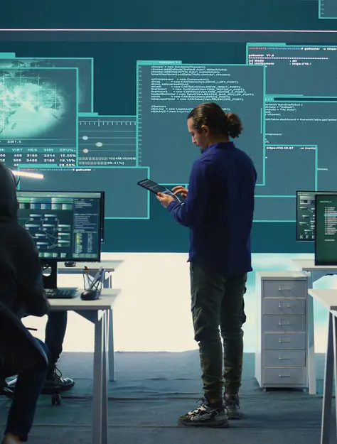 Team in front of computers with IT data projected on the walls