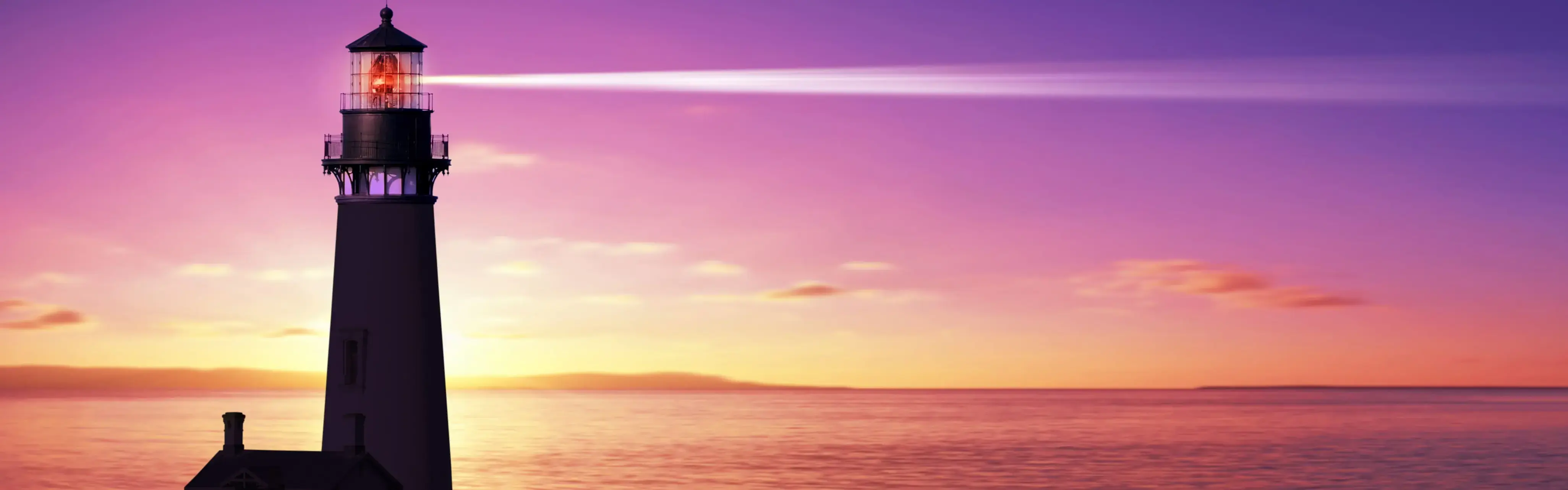 A lighthouse shining its beam across a calm sea during sunset or sunrise, with a colorful sky in shades of purple, pink, and orange.