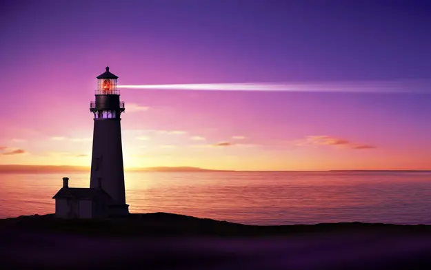 A lighthouse shining its beam across a calm sea during sunset or sunrise, with a colorful sky in shades of purple, pink, and orange.