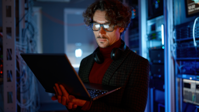 Un expert de la cybersécurité dans un data center