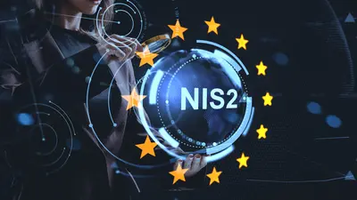 Illustration zu NIS2 mit digitalen Netzwerk- und Sicherheitssymbolen sowie EU-Sternen