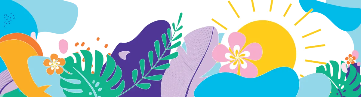 An illustration of various colorful abstract shapes and icons, including leaves, waves, and geometric patterns, creating a vibrant and playful visual.