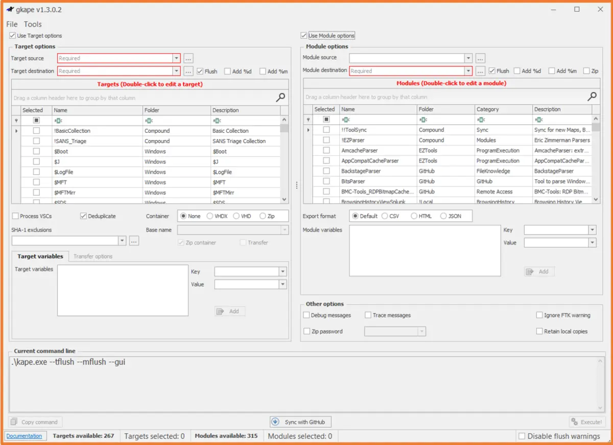 Screenshot of gkape v1.3.02 interface