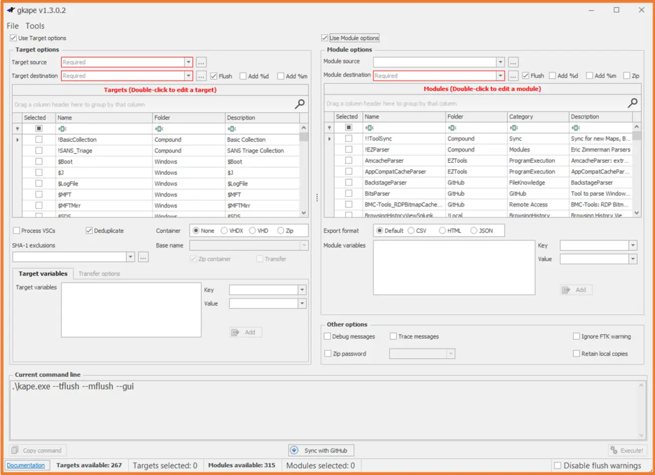 Screenshot of gkape v1.3.02 interface