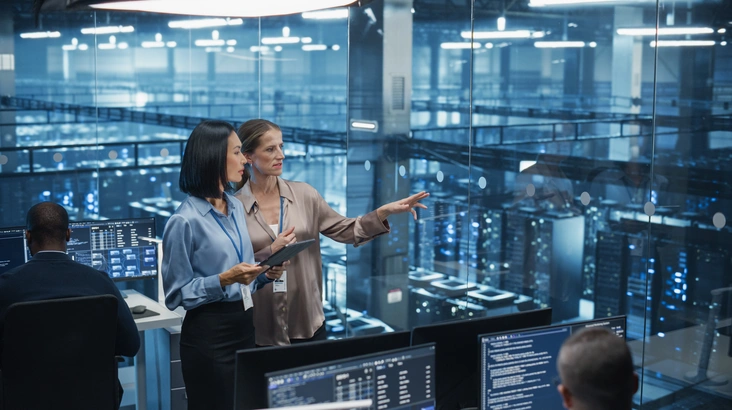 In einem modernen Rechenzentrum analysieren zwei Frauen auf einem Tablet. Spezialisten untersuchen Optimierungsmöglichkeiten für die Verarbeitung großer Datensätze.