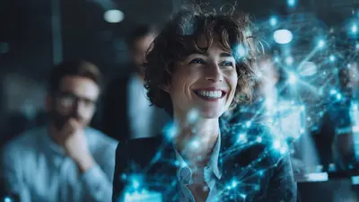 Woman smiling at a digital web 