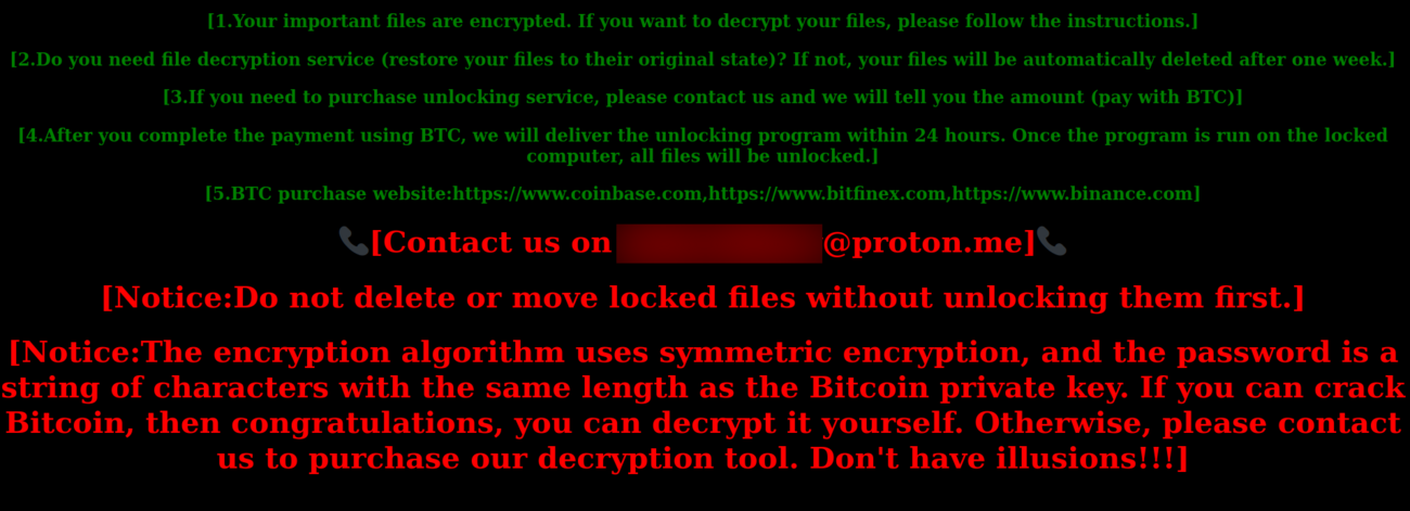 A example screenshot of a ransomware notification of compromise