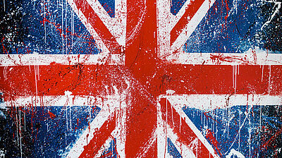 An artistic depiction of the union jack flag which is scratched and torn