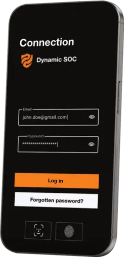 mobile phone at an angle displaying the log in screen for Dynamic SOC