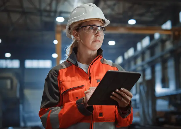 Engineer with hard hat and safety glasses monitoring industrial operations on a tablet