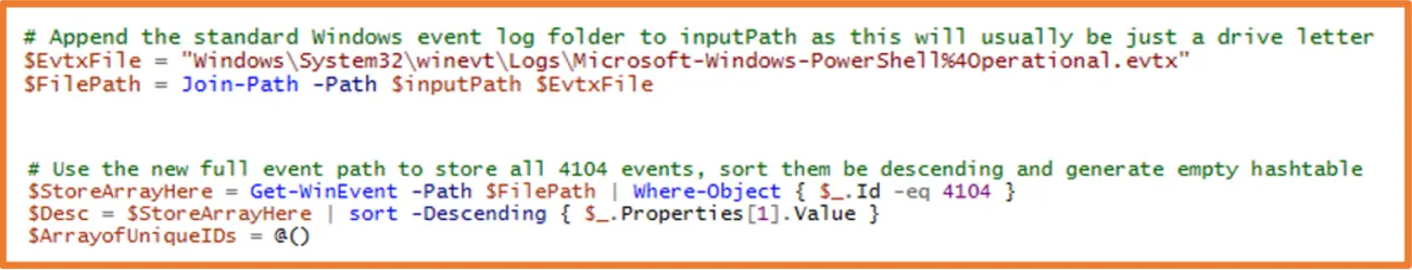 Screenshot of code: Explicitly give the Event Log path and using Join-Path to add it to our Input Path parameter.