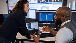 Two colleagues talking about work 