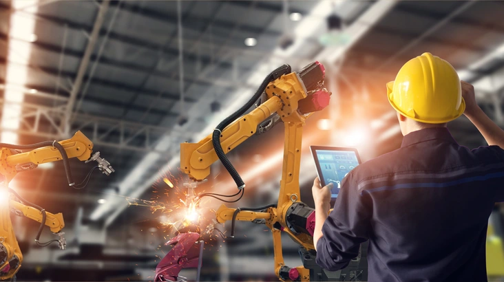 Afbeelding man met helm bij robot