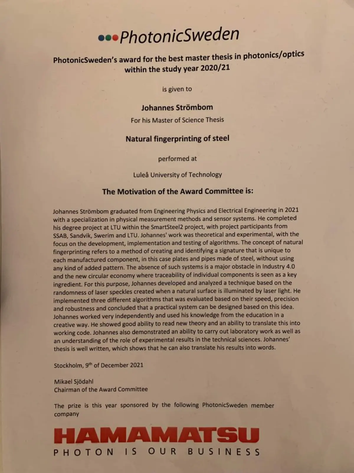 Motivering Best Master Thesis in Optics & Photonics 2021: Motivering Best Master Thesis in Optics & Photonics 2021:
