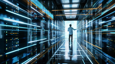 ine Person steht in einem futuristischen Serverraum oder Rechenzentrum, umgeben von hohen Serverracks. Die Person ist silhouettenhaft und blickt auf eine leuchtende, digitale Schnittstelle oder holographische Anzeige, die den Raum mit blauen und orangefarbenen Lichtlinien durchzieht.