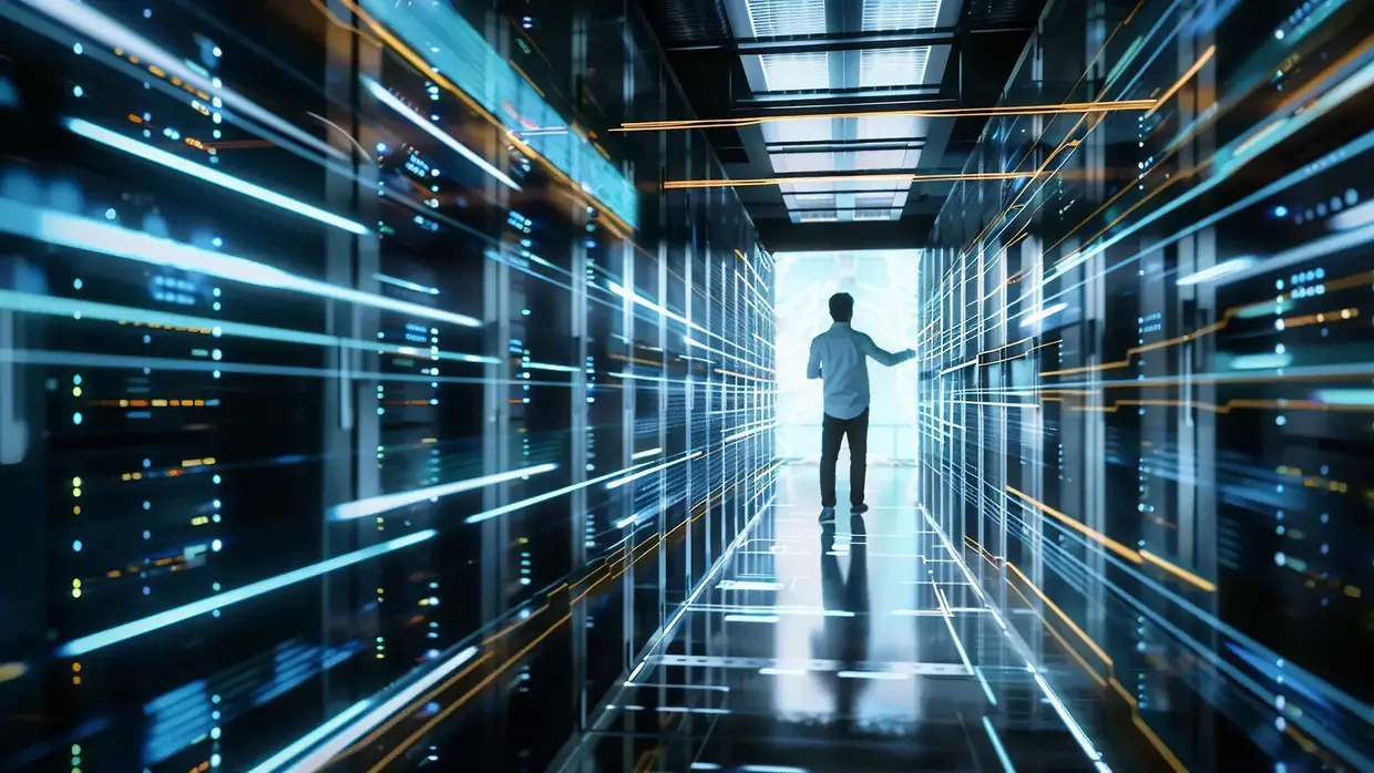 ine Person steht in einem futuristischen Serverraum oder Rechenzentrum, umgeben von hohen Serverracks. Die Person ist silhouettenhaft und blickt auf eine leuchtende, digitale Schnittstelle oder holographische Anzeige, die den Raum mit blauen und orangefarbenen Lichtlinien durchzieht.