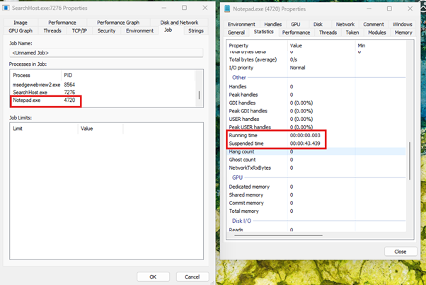Job-Ansicht mit eingefrorenem Notepad-Prozess