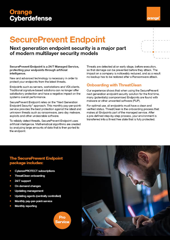 Första sidan av ett SecurePrevent Endpoint faktablad